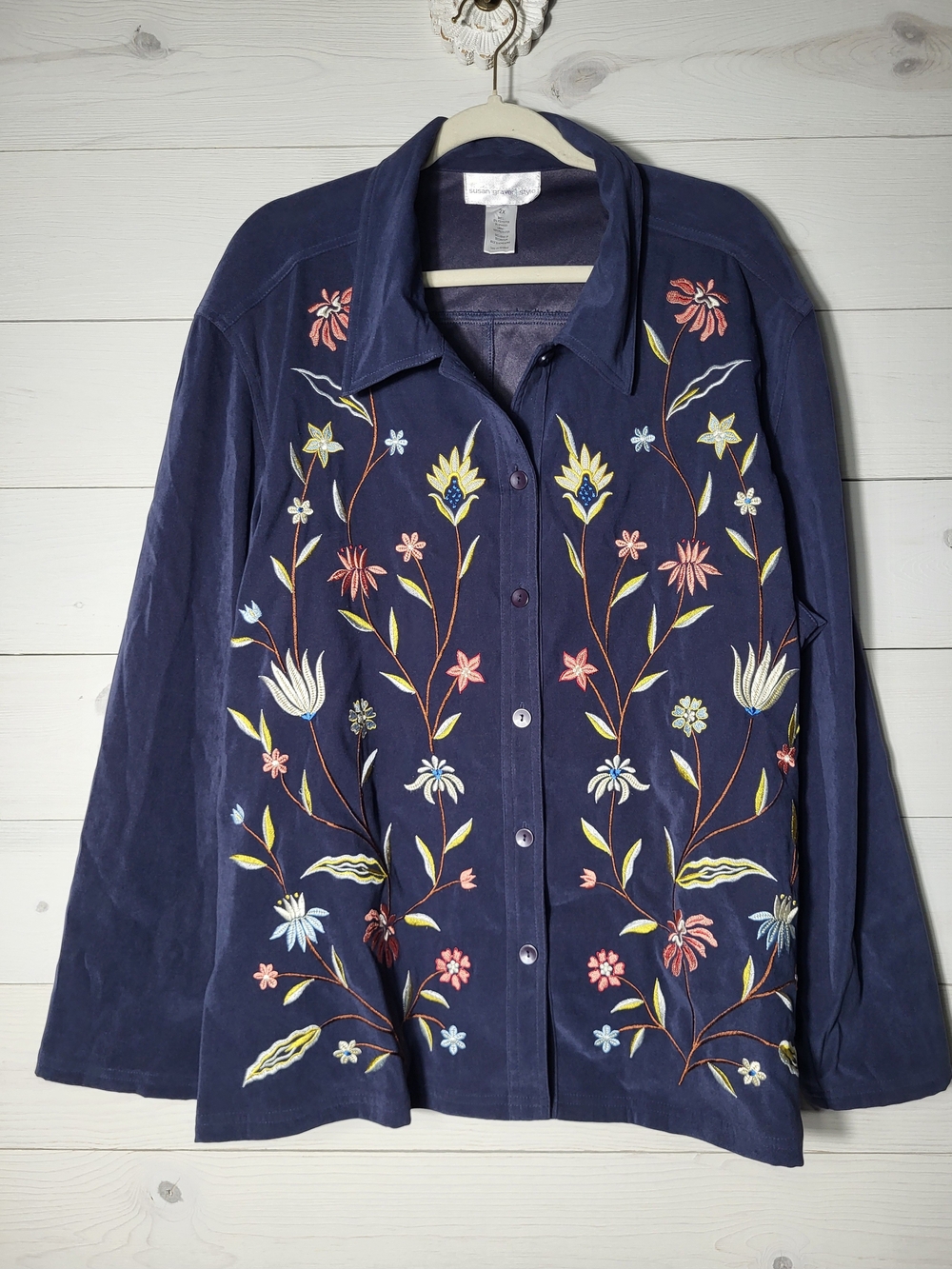 Vintage Susan Graver Navy Shirt Jacket Floral Embroidered BOHO Button Up.